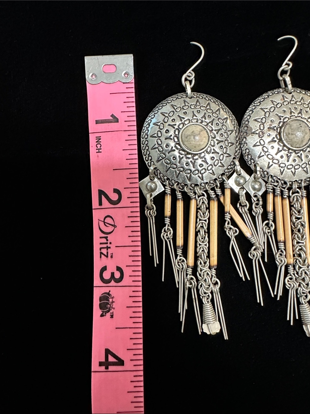 Vintage Bohemian Silver-Tone Fringe Concho Earrings with Tan Accents Tribal - Picture 3 of 5